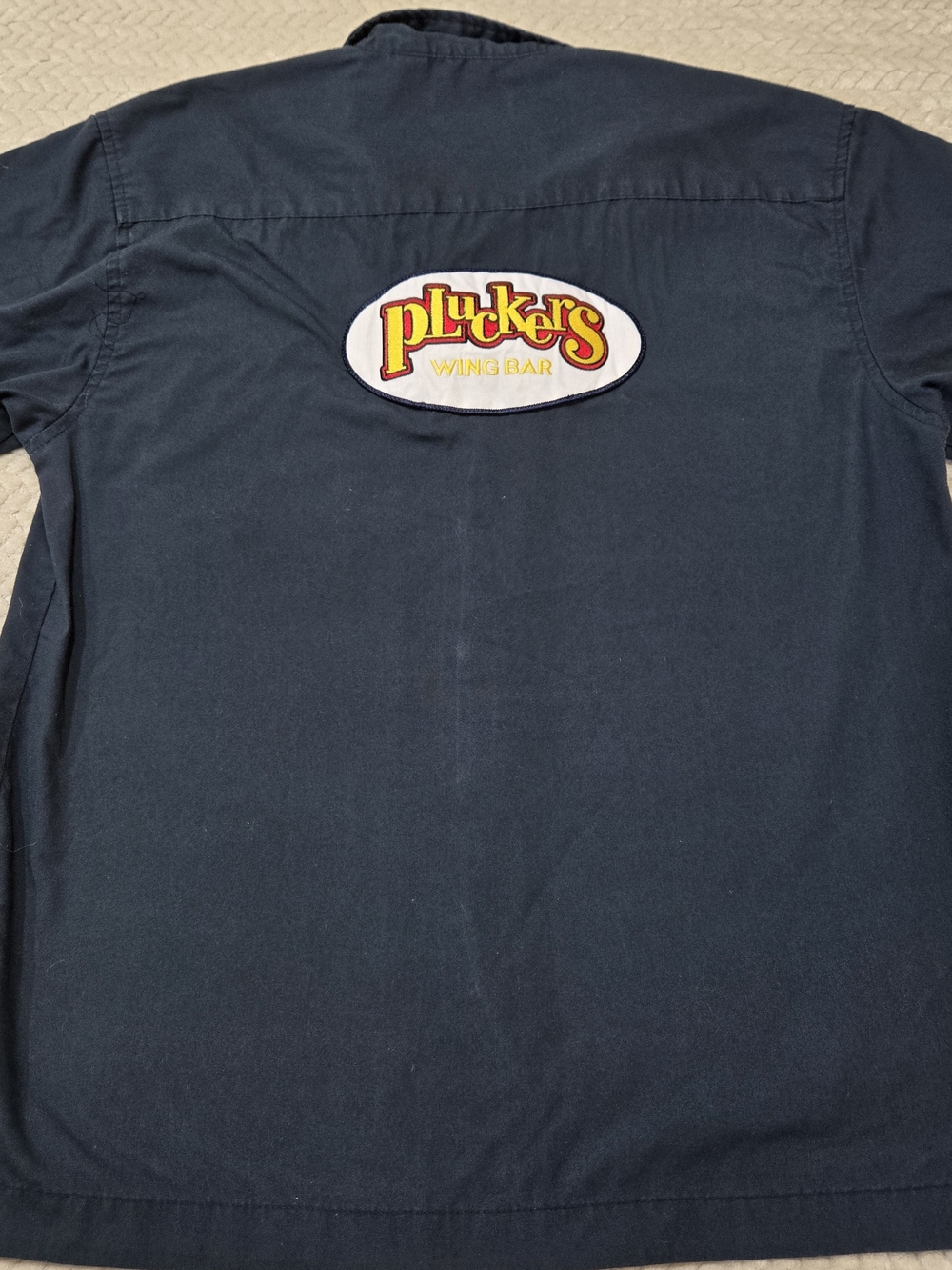 Men's Navy Blue Retro Patch Mechanic Pluckers Wing Bar Rockabilly Indie Shirt M